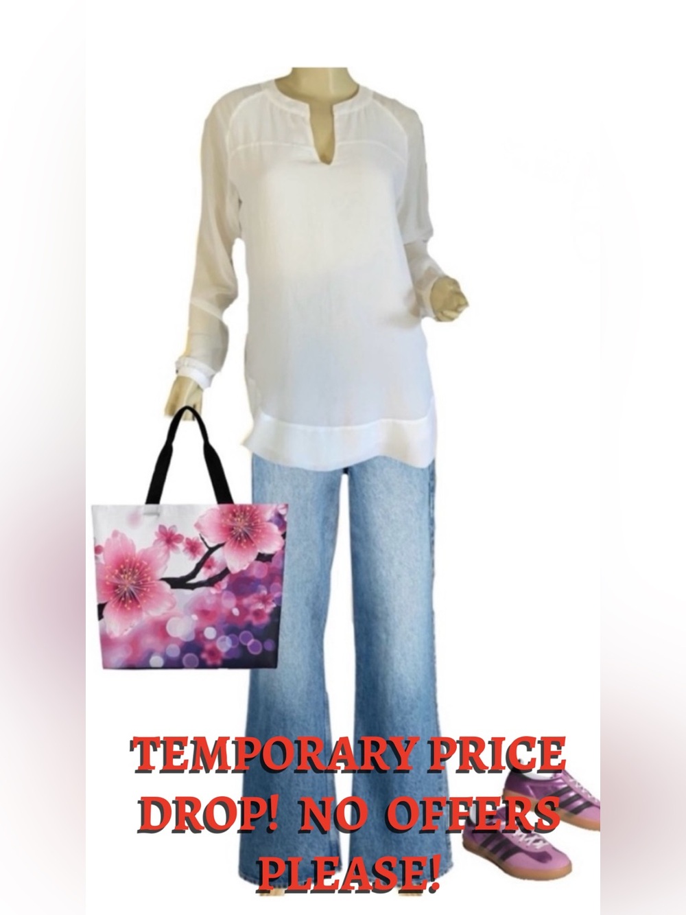 CABI WHITE V-NECK LONG SLEEVE TUNIC STYLE #118 (S)